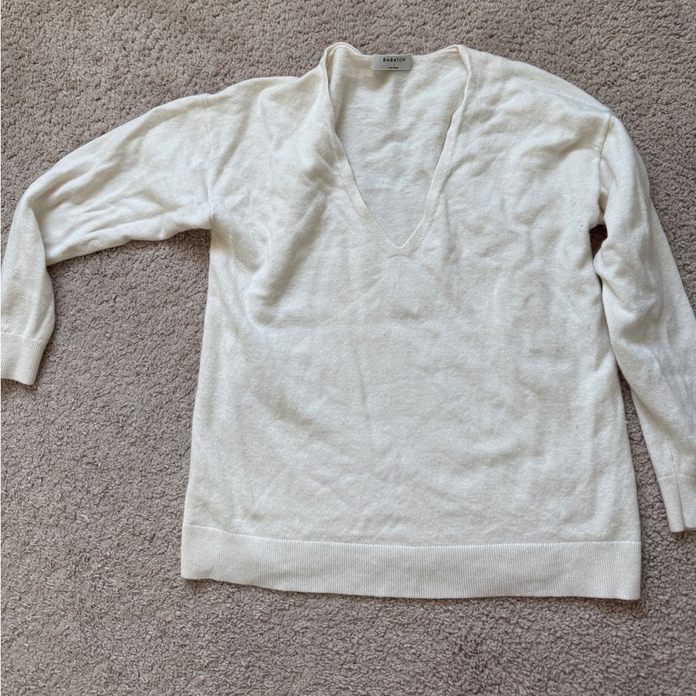 Babaton Women's Cream V-Neck Wool Blend Sweater